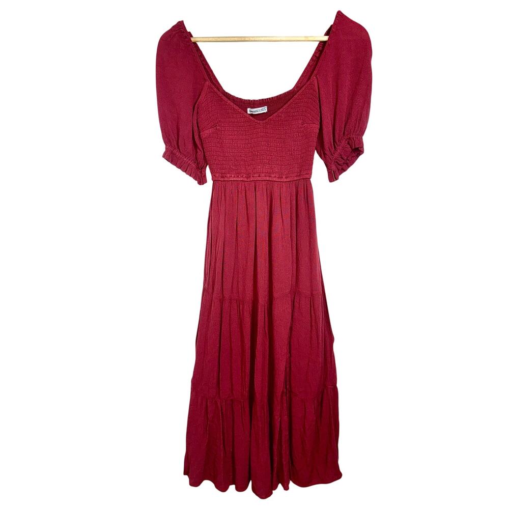 Abercrombie & Fitch Burgundy Red Smocked Puff Sleeve Slit Maxi Dress Size XS - Picture 3 of 12